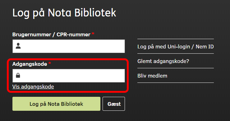 Skærmbillede af Log på Nota Bibliotek