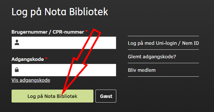 Skærmbillede af Log på Nota Bibliotek