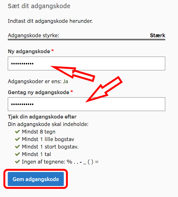 Skærmbillede af formular for ny adgangskode