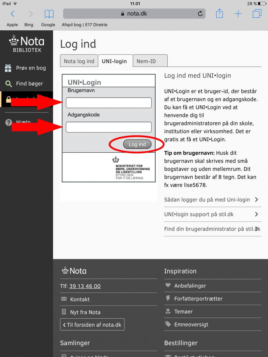 Skærmbillede af Nota Bibliotek log på side