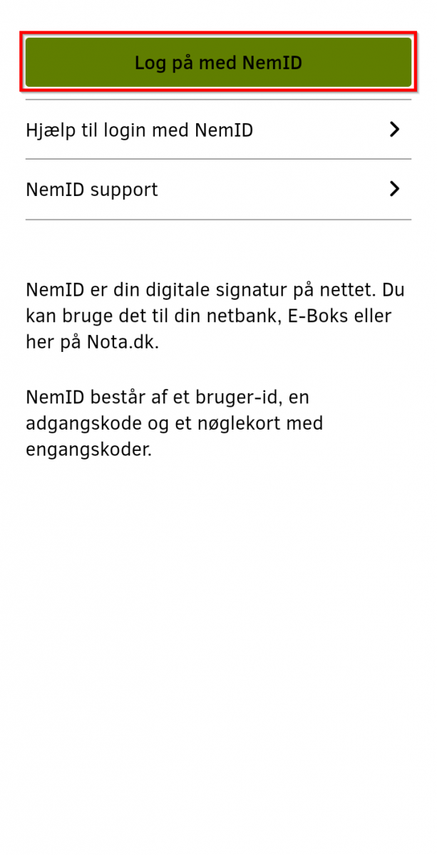 Skærmbillede der viser placeringen af knappen Log på med Nem ID