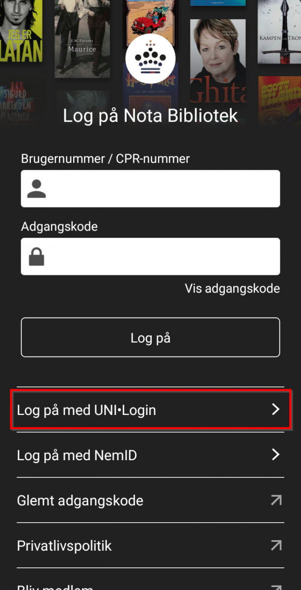 Skærmbillede,der viser placeringen af knappen Log på med UNI-Login