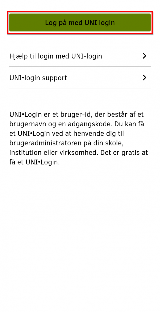 Skærmbillede der viser placeringen af knappen Log på med UNI-Login