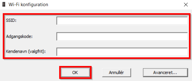 Skærmbillede af, vinduet Wi-Fi konfiguration og hvor man skriver SSID, adgangskode og kendenavn