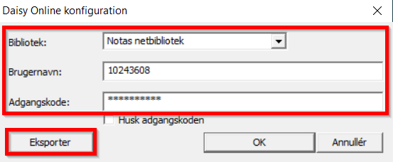 Skærmbillede af, vinduet Daisy Online konfiguration og hvor man vælger bibliotek, skriver brugernavn og adgangskode 