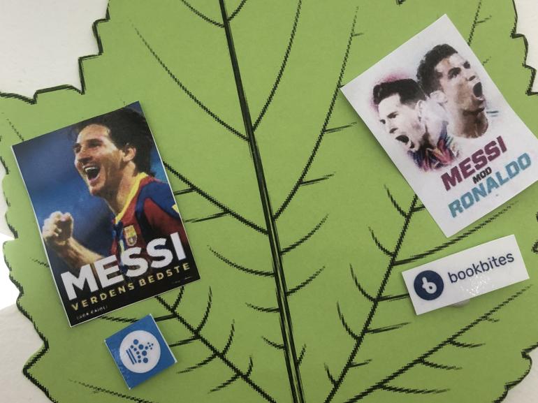 Boganbefalinger med fodboldspilleren Messi med ikoner for Nota og Bookbites