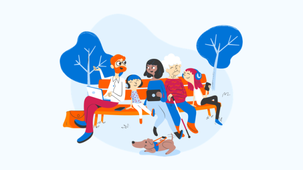 Illustration af mennesker aldre på en bænk i park. De har diverse devices til at lytte til lydbøger på. En ældre kvinde har blindestok og førerhund.