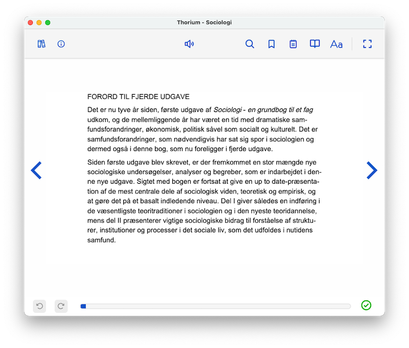 Skærmbillede af en åben bog i Thorium Reader