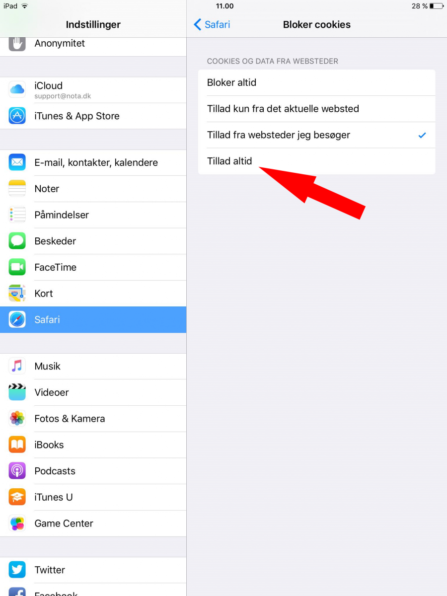 Skærmbillede af knappen Tillad altid