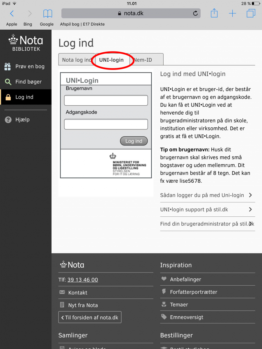 Skærmbillede af Nota Bibliotek log på side